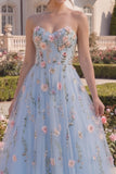 Sweetheart Blue Floral A Line Corset Long Prom Dress