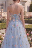Sweetheart Blue Floral A Line Corset Long Prom Dress