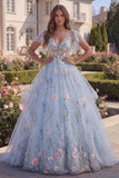 Blue Floral Applique V-Neck A Line Prom Dress with Flutter Sleeves