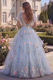Blue Floral Applique V-Neck A Line Prom Dress with Flutter Sleeves