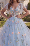Blue Floral Applique V-Neck A Line Prom Dress with Flutter Sleeves