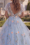 Blue Floral Applique V-Neck A Line Prom Dress with Flutter Sleeves