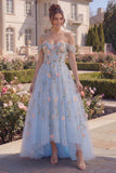 Off The Shoulder Blue A Line Corset Floral Prom Dress
