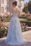 Off The Shoulder Blue A Line Corset Floral Prom Dress