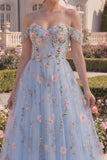 Off The Shoulder Blue A Line Corset Floral Prom Dress