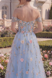 Off The Shoulder Blue A Line Corset Floral Prom Dress