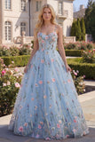 Floral Blue Corset A Line Applique Spaghetti Straps Long Prom Dress