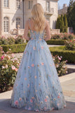 Floral Blue Corset A Line Applique Spaghetti Straps Long Prom Dress