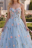 Floral Blue Corset A Line Applique Spaghetti Straps Long Prom Dress