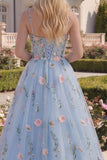 Floral Blue Corset A Line Applique Spaghetti Straps Long Prom Dress