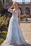 Blue A Line Cold Shoulder Corset Floral Prom Dress