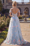 Blue A Line Cold Shoulder Corset Floral Prom Dress