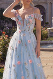Blue A Line Cold Shoulder Corset Floral Prom Dress