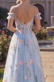 Blue A Line Cold Shoulder Corset Floral Prom Dress