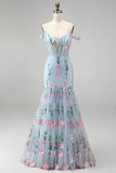 Mermaid Blue Off The Shoulder Corset Floral Long Prom Dress