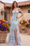 Mermaid Blue Off The Shoulder Corset Floral Long Prom Dress
