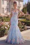 Mermaid Blue Off The Shoulder Corset Floral Long Prom Dress
