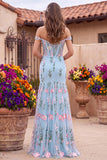 Mermaid Blue Off The Shoulder Corset Floral Long Prom Dress