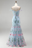 Mermaid Blue Off The Shoulder Corset Floral Long Prom Dress