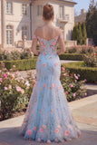 Mermaid Blue Off The Shoulder Corset Floral Long Prom Dress