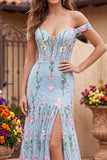Mermaid Blue Off The Shoulder Corset Floral Long Prom Dress