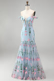 Mermaid Blue Off The Shoulder Corset Floral Long Prom Dress