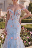 Mermaid Blue Off The Shoulder Corset Floral Long Prom Dress