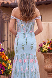 Mermaid Blue Off The Shoulder Corset Floral Long Prom Dress