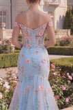 Mermaid Blue Off The Shoulder Corset Floral Long Prom Dress