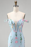 Mermaid Blue Off The Shoulder Corset Floral Long Prom Dress