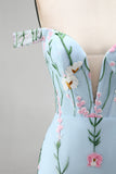 Mermaid Blue Off The Shoulder Corset Floral Long Prom Dress