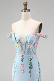 Mermaid Blue Off The Shoulder Corset Floral Long Prom Dress