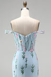 Mermaid Blue Off The Shoulder Corset Floral Long Prom Dress