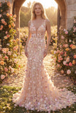 Champagne Floral Applique Mermaid V-Neck Long Prom Dress