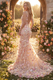 Champagne Floral Applique Mermaid V-Neck Long Prom Dress