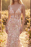 Champagne Floral Applique Mermaid V-Neck Long Prom Dress