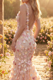 Champagne Floral Applique Mermaid V-Neck Long Prom Dress