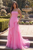 Pink A Line Strapless Ruffle Long Prom Dress
