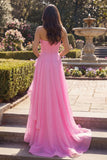 Pink A Line Strapless Ruffle Long Prom Dress