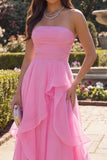 Pink A Line Strapless Ruffle Long Prom Dress