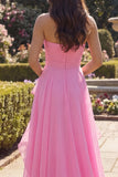 Pink A Line Strapless Ruffle Long Prom Dress