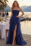 Navy Strapless Ruched Ruffle A line Prom Dress with Slit