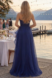 Navy Strapless Ruched Ruffle A line Prom Dress with Slit
