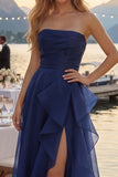 Navy Strapless Ruched Ruffle A line Prom Dress with Slit