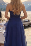 Navy Strapless Ruched Ruffle A line Prom Dress with Slit