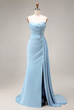 Strapless Satin Ruched Appliqued Blue Prom Dress with Slit