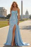 Strapless Satin Ruched Appliqued Blue Prom Dress with Slit