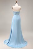 Strapless Satin Ruched Appliqued Blue Prom Dress with Slit