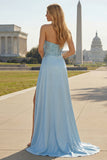 Strapless Satin Ruched Appliqued Blue Prom Dress with Slit