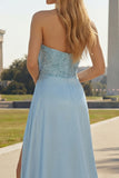Strapless Satin Ruched Appliqued Blue Prom Dress with Slit